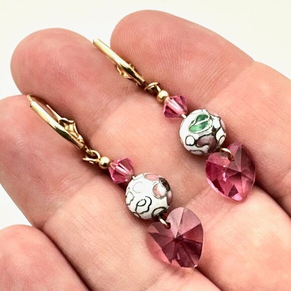 Womens Earrings 10K Gold Pink Crystal Cloisonne' Pierced Chandelier - Picture 5 of 6